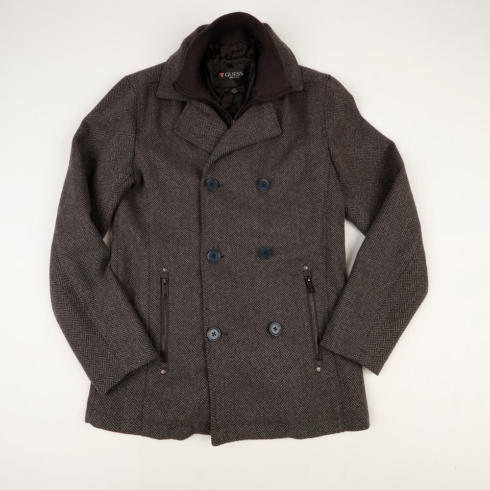 Guess Womens Small Coat Wool Blend Double Breast Bib Insert Peacoat Herringbone